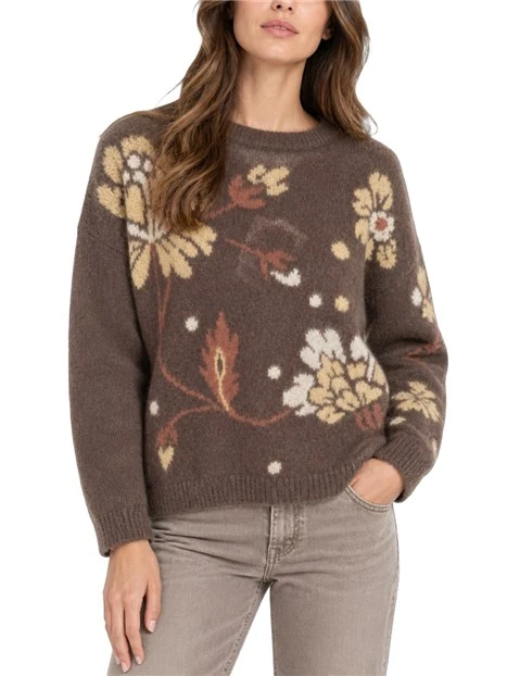 MAGLIA GIROCCOLO AMPIA IN MISTO MOHAIR INTARSIATO DONNA MARRONE SCURO