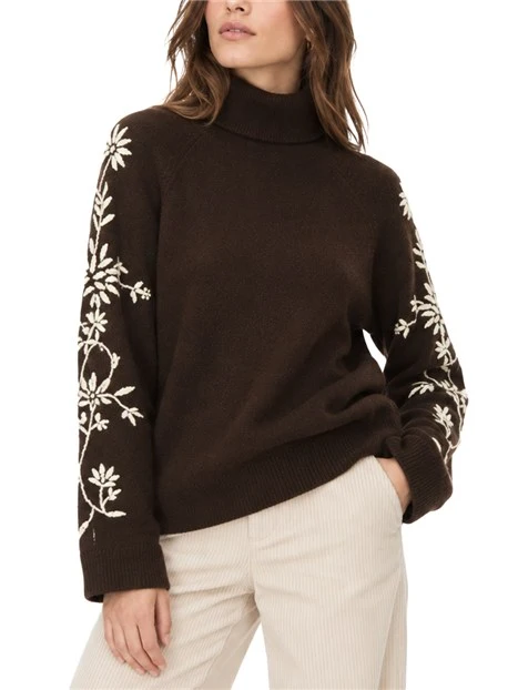 MAGLIA DOLCEVITA AMPIO RICAMATO IN MISTO LANA E ALPACA DONNA MARRONE