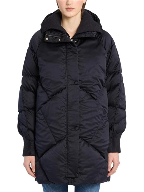 PIUMINO LUNGO IN RASO LUCIDO CON DETTAGLI IN MAGLIA DONNA BLU