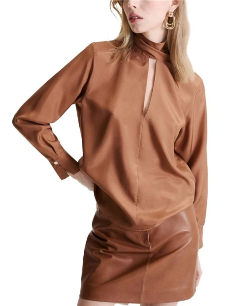 BLUSA IN SETA HABOTAI CON FUSCIACCA DONNA MARRONE
