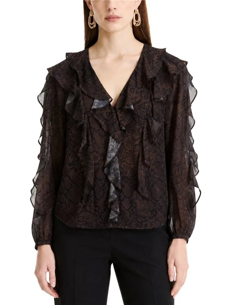 BLUSA IN GEORGETTE STAMPATA CON ROUCHE DONNA MARRONE