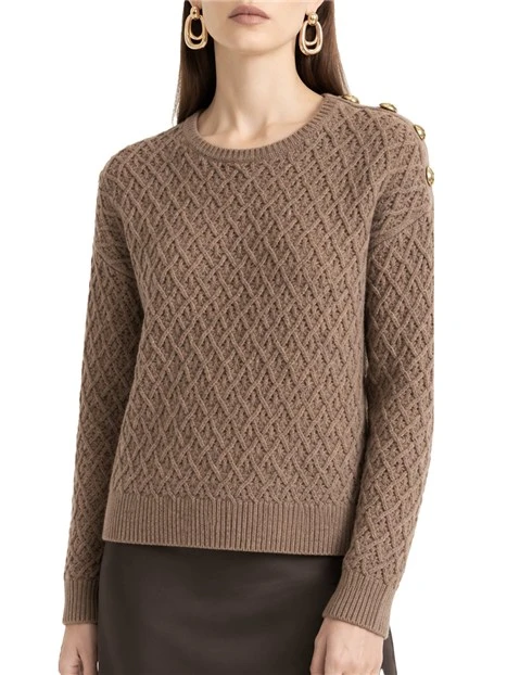 MAGLIA GIROCOLLO IN LANA MERINO CON BOTTONI BIJOUX DONNA MARRONE