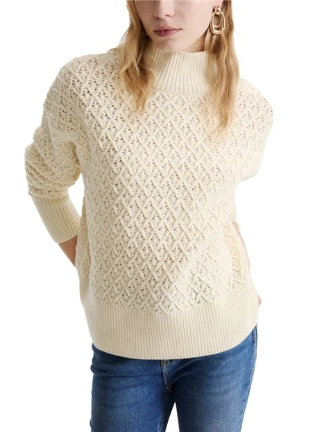MAGLIA DOLCEVITA IN PURA LANA MERINO CON PUNTO TRAFORATO DONNA AVORIO