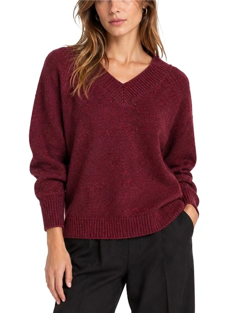 MAGLIA CON SCOLLO A V IN MISTO LANA BOTTONATO DONNA BORDEAUX