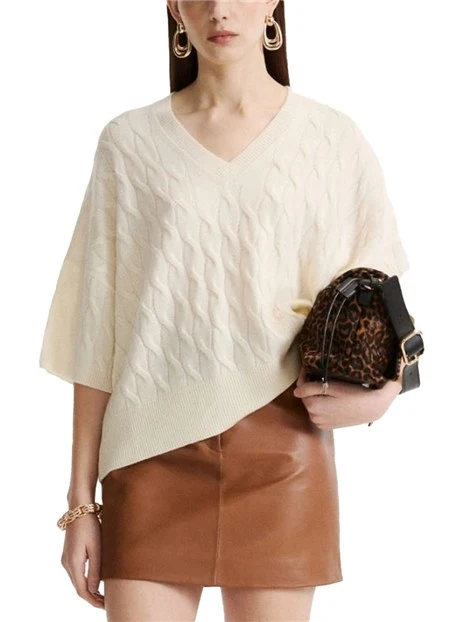 MAGLIA CON SCOLLO A V IN LANA E CASHMERE CON LAVORAZIONE A TRECCE DONNA AVORIO