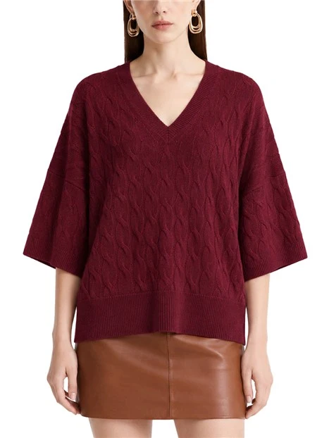 MAGLIA CON SCOLLO A V IN LANA E CASHMERE CON LAVORAZIONE A TRECCE DONNA BORDEAUX