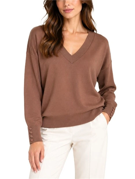 MAGLIA CON SCOLLO A V E SCIARPINA IN SETA DONNA MARRONE