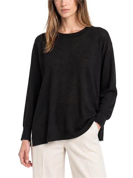 MAGLIA GIROCOLLO IN PURO LYOCELL CON SPACCHI LATERALI DONNA NERO