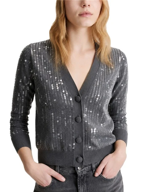 CARDIGAN BOUCLÉ  DI MISTO COTONE CON PAILLETTE DONNA GRIGIO