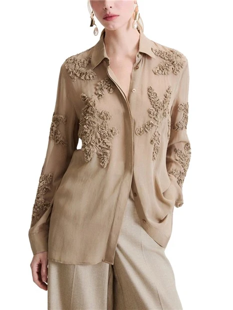 CAMICIA IN GEORGETTE DI VISCOSA CON FIORI RICAMATI DONNA BEIGE