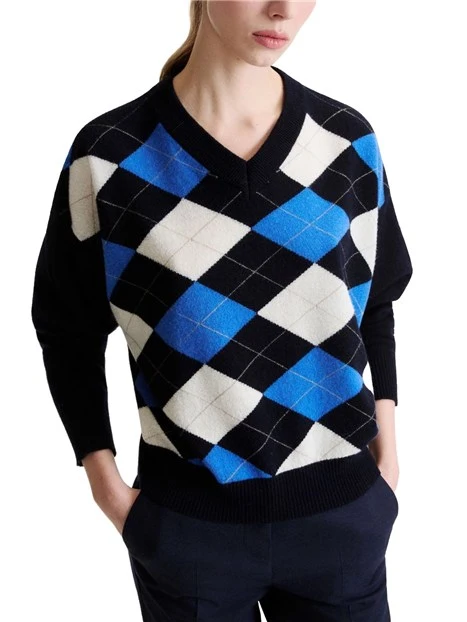 MAGLIA CON SCOLLO A V A ROMBI IN MISTO LANA E CASHMERE DONNA  BLU