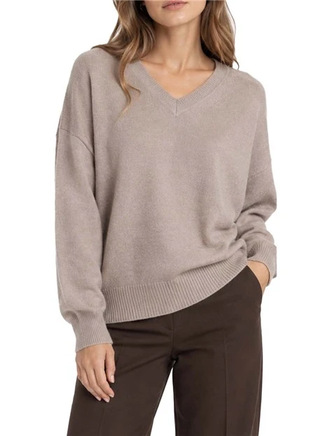 MAGLIA CON SCOLLO A V IN PURO CASHMERE DONNA MARRONE