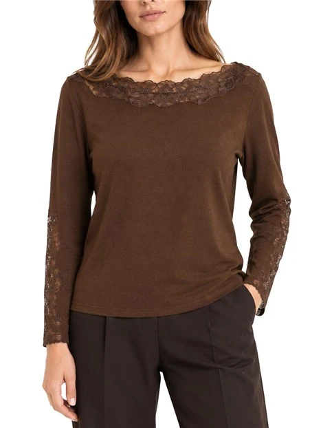 MAGLIA CON SCOLLO A BARCA IN MISTO LANA CON PIZZO DONNA MARRONE