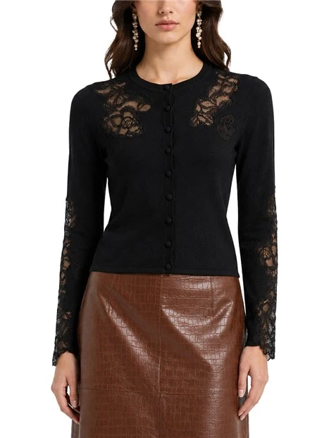 CARDIGAN  IN MISTO LANA CON INSERTI IN PIZZO DONNA NERO