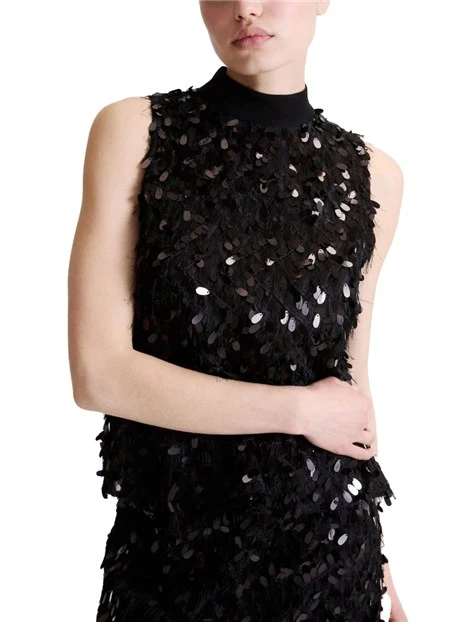 TOP IN FIL COUPÉ CON MAXI PAILLETTE DONNA NERO