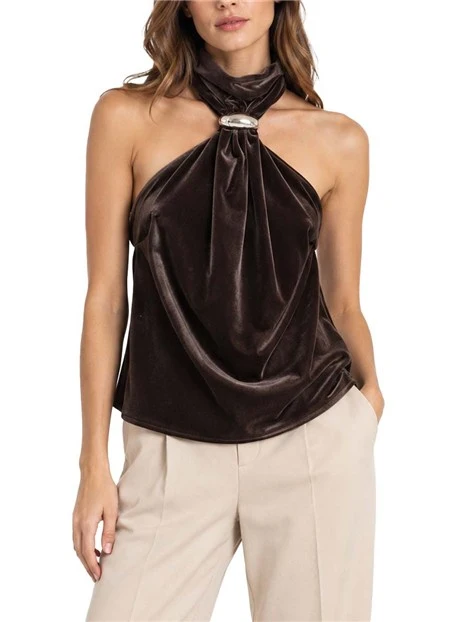 TOP IN VELLUTO LISCIO STRETCH CON DRAPPEGGIO DONNA MARRONE