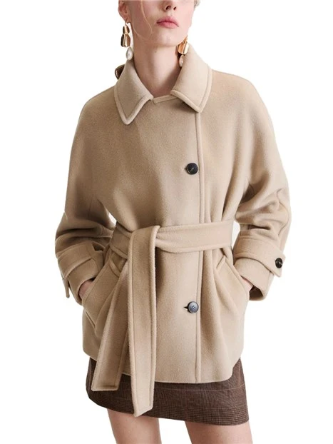 CAPPORTO CORTO IN PURA LANA VERGINE CON CINTURA DONNA BEIGE