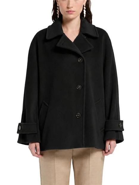 CAPPOTTO CORTO IN PURA LANA VERGINE CON CINTURA DONNA NERO