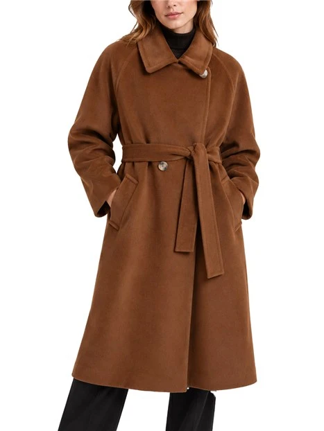 CAPPOTTO LUNGO DOPPIOPETTO IN PURA LANA VERGINE CON CINTURA  DONNA MARRONE