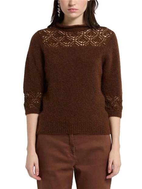 MAGLIA GIROCOLLO IN BABY ALPACA CON PIZZO DONNA MARRONE