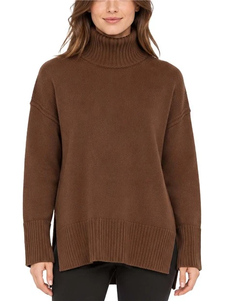MAGLIA DOLCEVITA CON DETTAGLI COSTINE IN PURA LANA DONNA MARRONE