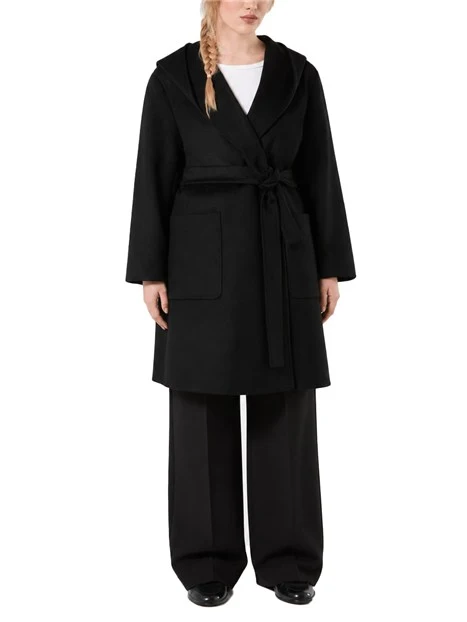 CAPPOTTO CORTO IN PURA LANA VERGINE CON CAPPUCCIO E CINTURA DONNA NERO