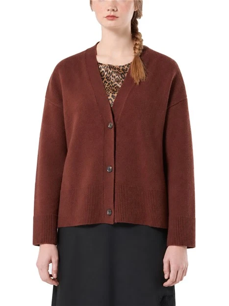 CARDIGAN BOXY IN PURA LANA VERGINE CON SCOLLO A V DONNA MARRONE