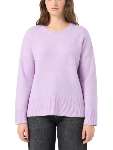 MAGLIA GIROCOLLO MODELLO BOXY IN PURA LANA VERGINE CON SPACCHI LATERALI DONNA LILLA