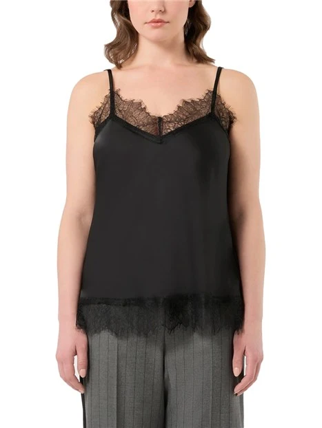 TOP IN SATIN CON PIZZO CHANTILLY E SPALLINE SOTTILI DONNA NERO