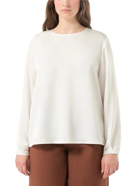 BLUSA IN SATIN CON COLLO TONDO E MANICHE LUNGHE DONNA BIANCO