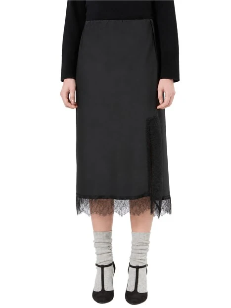 GONNA IN SATIN CON PIZZO CHANTILLY E SPACCO LATERALE DONNA NERO