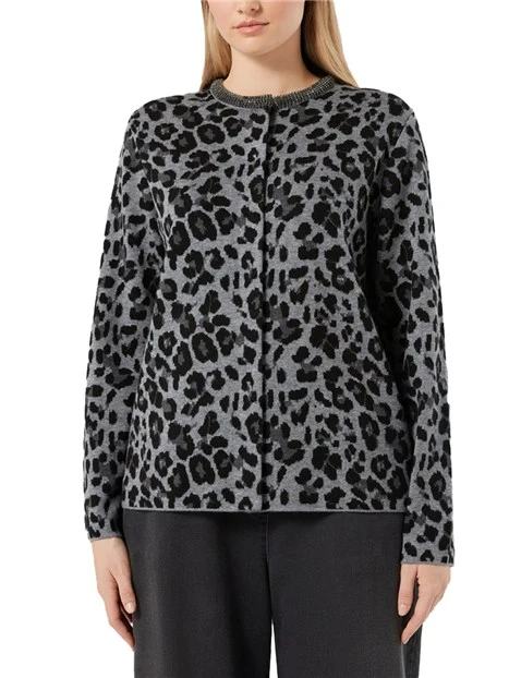 CARDIGAN MISTO LANA JACQUARD PIQUET CON STRASS SUL COLLO  DONNA GRIGIO