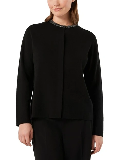 CARDIGAN MISTO LANA JACQUARD PIQUET CON STRASS SUL COLLO DONNA NERO