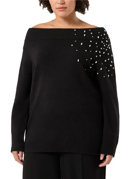 MAGLIA CON SCOLLO A BARCA APERTO SULLE SPALLE CON STRASS DONNA NERO