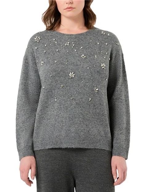 MAGLIA GIROCOLLO CON STRASS IN MISTO LANA E ALPACA DONNA GRIGIO