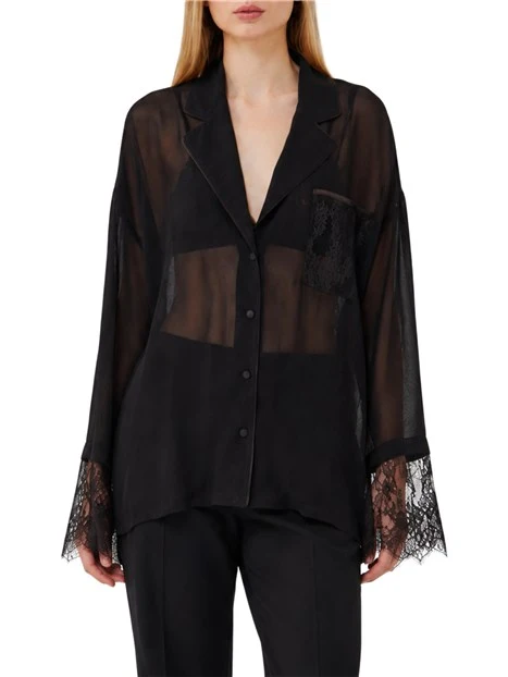 CAMICIA ELEGANTE A MANICHE LUNGHE IN PIZZO DONNA NERO