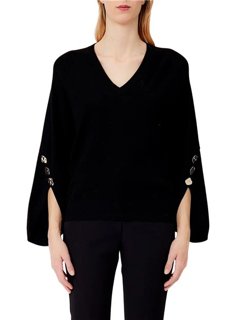 MAGLIA SCOLLO A V CON BOTTONI DORATI SU MANICHE DONNA NERO