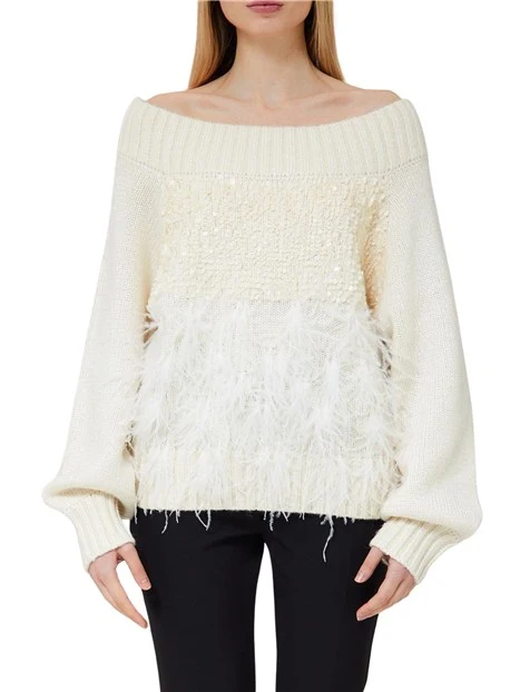 MAGLIA GIROCOLLO CON PIUME E PAILETTE DONNA