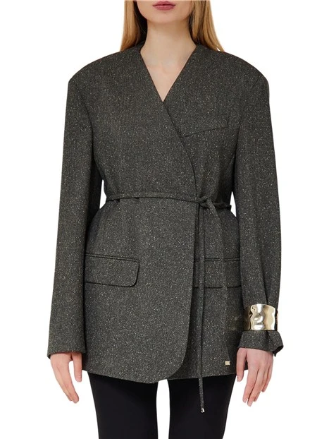 GIACCA BLAZER CON SCOLLO A V PROFONDO E CINTURA DONNA DARK GREEN TWEED