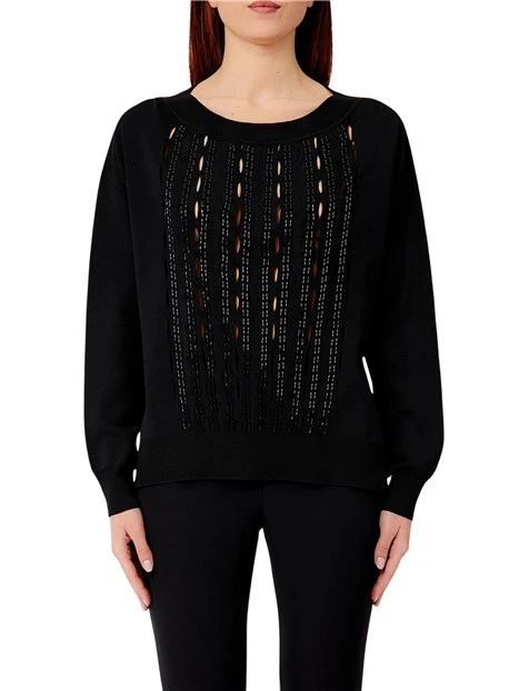 MAGLIA GIROCOLLO TRAFORATA CON PERLINE BAGUETTE IN TONO DONNA NERO