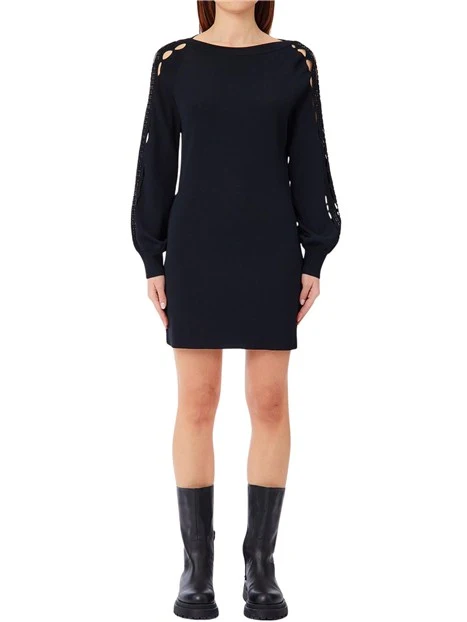 VESTITO CORTO TRAFORATO CON PERLINE BAGUETTE SU TONO DONNA NERO