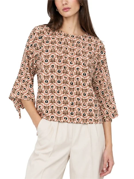 BLUSA IN SETA STAMPATA CON FIOCCHI AI POLSI DONNA AVORIO