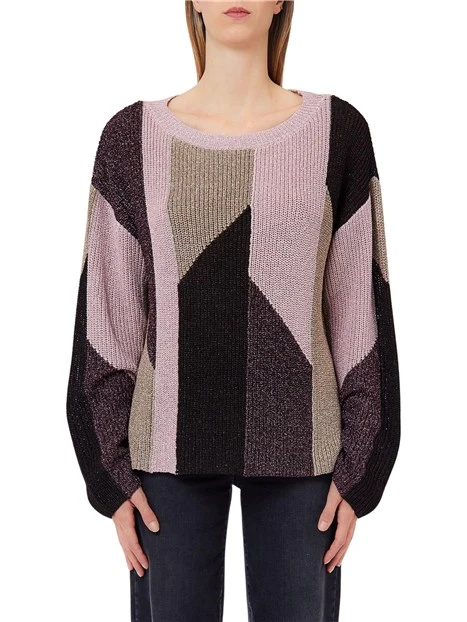 MAGLIA GIROCOLLO A INTARSIO IN LAME' CON FILATI MULTICOLOR DONNA ROSA