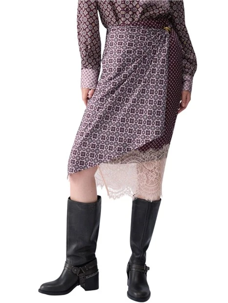 GONNA MIDI LONGUETTE CON DRAPPEGGI E DETTAGLI IN PIZZO DONNA MELANZANA