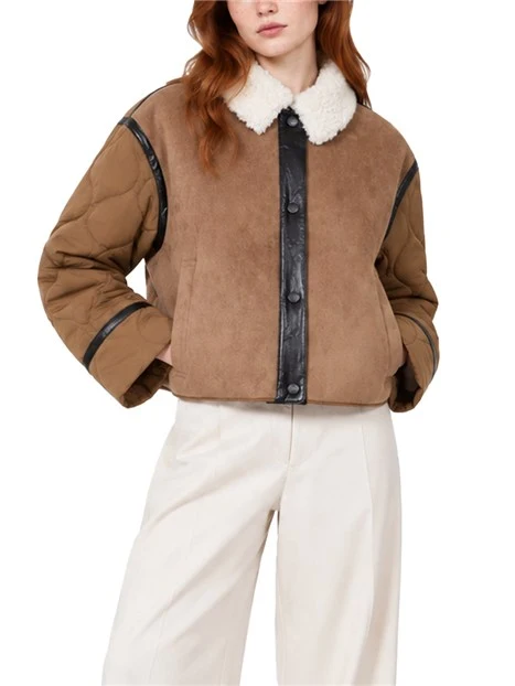 GIACCA CORTA CROP EFFETTO SUEDE CON INSERTI TRAPUNTATI DONNA MARRONE