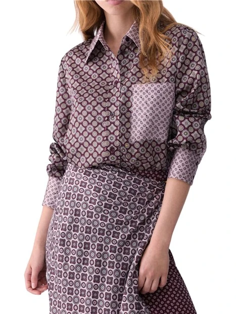 CAMICIA IN TWILL STAMPATO GEOMETRICO CON TASCHINO E DETTAGLI A CONTRASTO DONNA MELANZANA