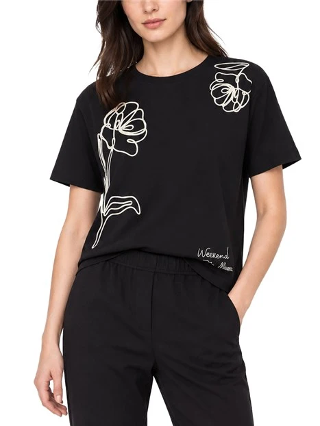 T-SHIRT MANICA CORTA IN COTONE CON RICAMI E STAMPE DONNA NERO