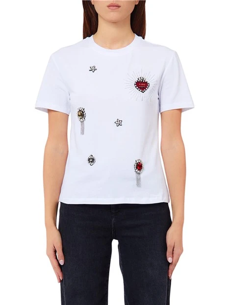T-SHIRT MANICHE CORTE CON APPLICAZIONI GIOIELLO DONNA BIANCO