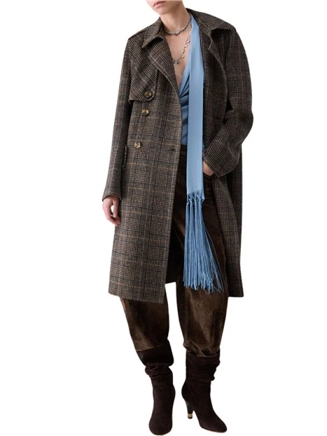 CAPPOTTO LUNGO IN PANNO DOUBLE IN MISTO LANA DONNA CAMEL CHECK