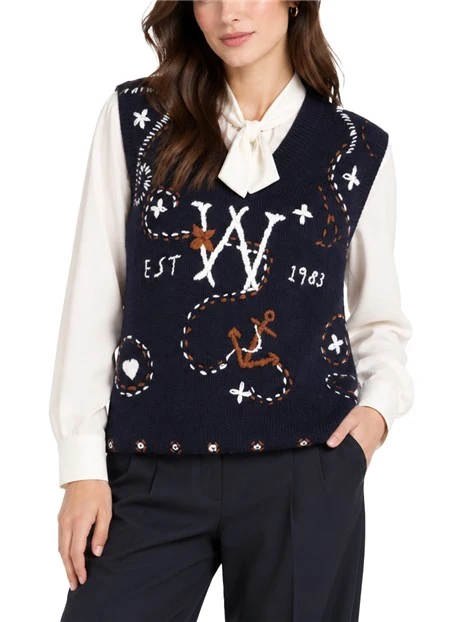 GILET IN PURA LANA CON RICAMI DONNA BLU
